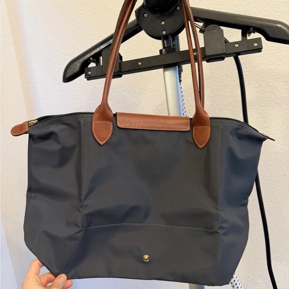 Longchamp Le Pliage Classic Large Gray Tote with Brown Leather Trim - Picture 2 of 10